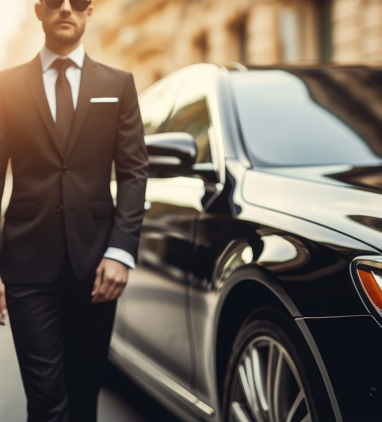 Professional driver near luxury car, close-up. Chauffeur and guard service